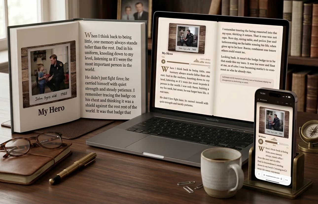 Heritage Whisper stories on book, laptop, and phone