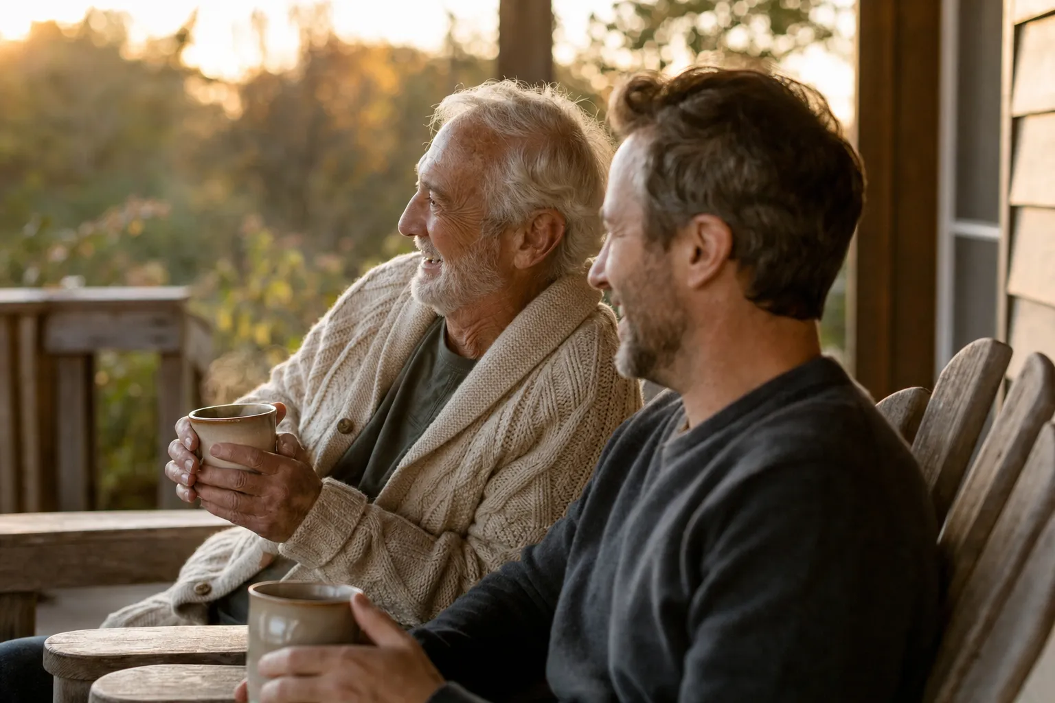 A father and adult son sharing a laugh over coffee on the porch