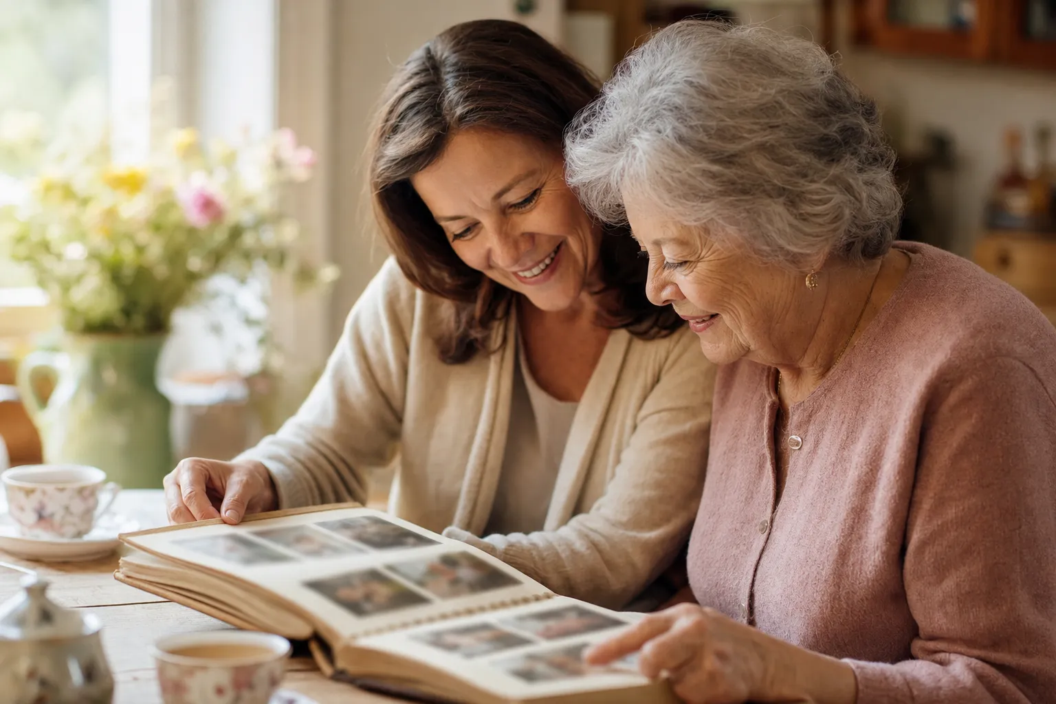 A mother and daughter sharing memories over a photo album