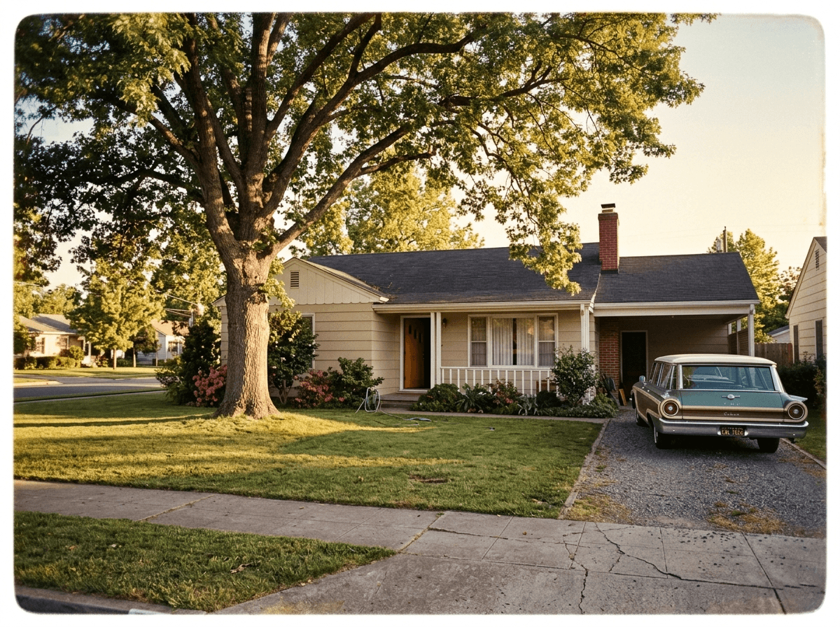 Illustrative 1960s home with an oak tree and a station wagon