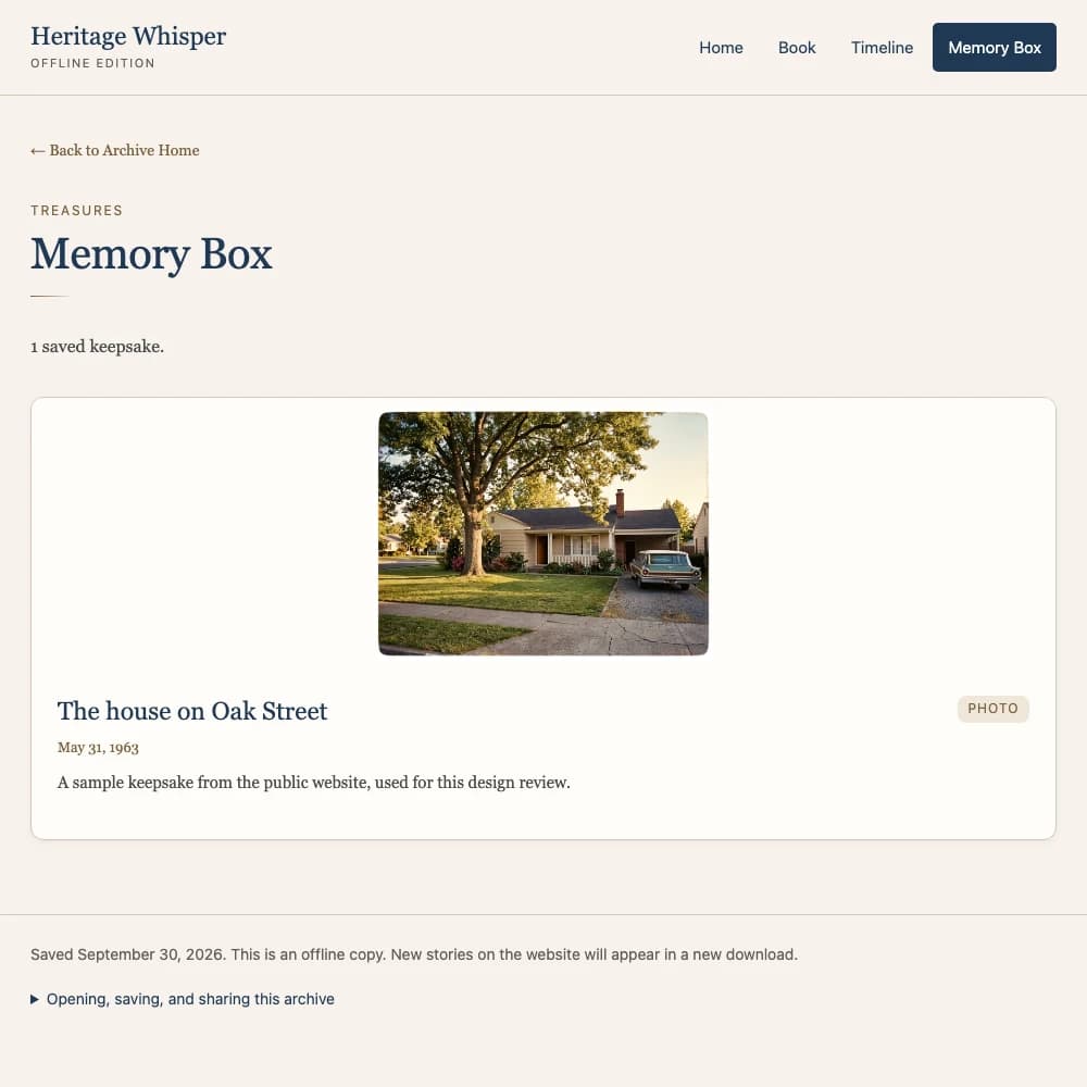 Actual offline Memory Box with a saved keepsake photo and description. Sample content.