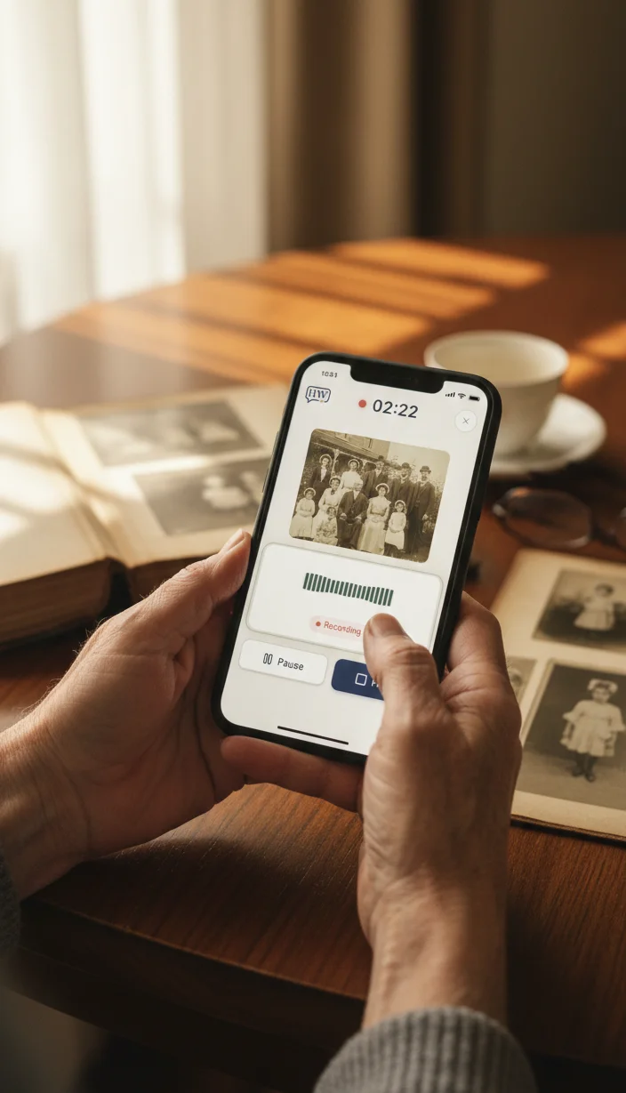 Heritage Whisper app being used to record a story about photos from an album