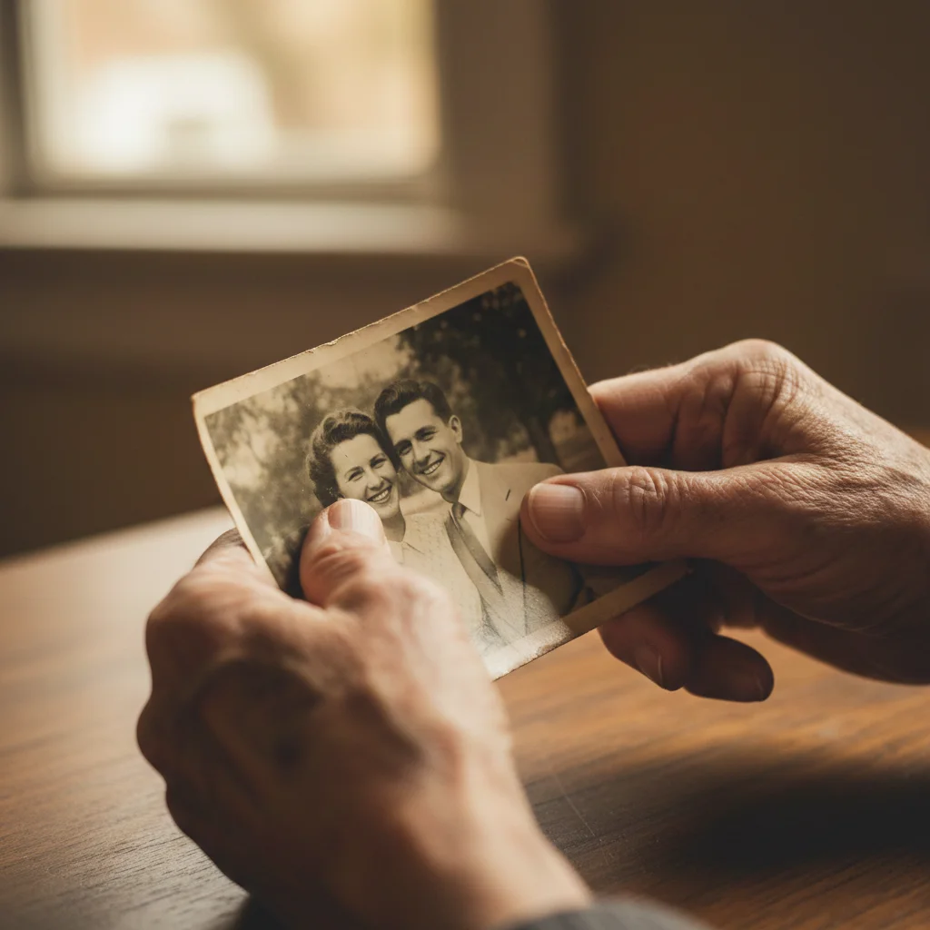 Elderly hands carefully holding a vintage family photograph