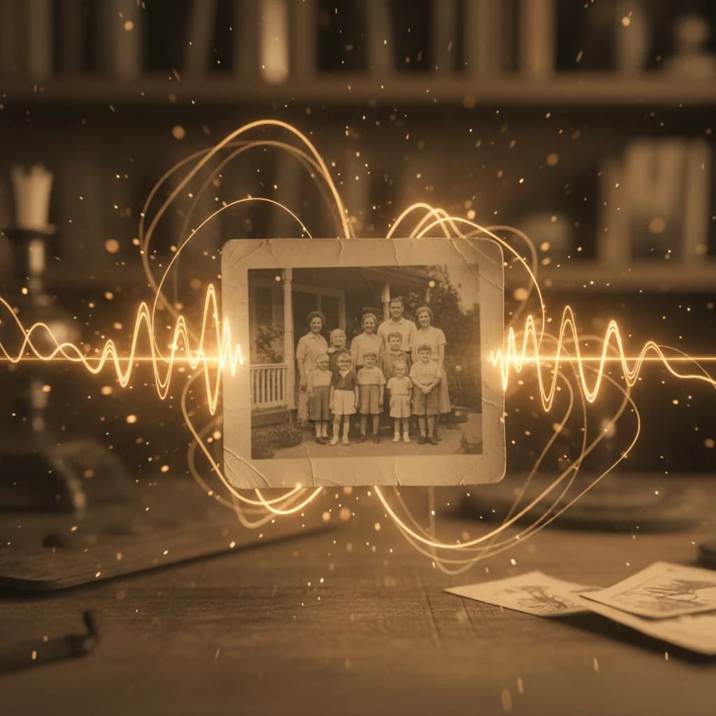 Vintage family photo surrounded by golden audio waveforms, symbolizing the story being told