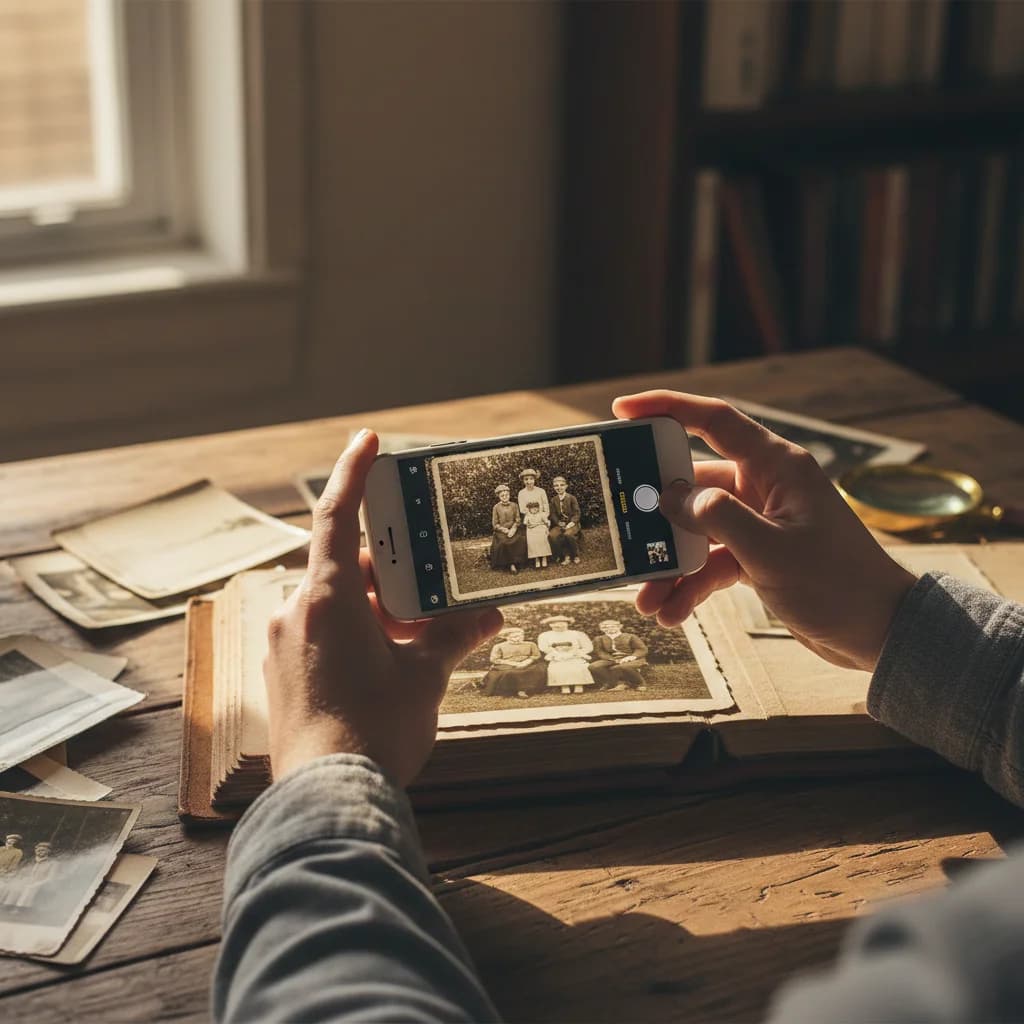 Smartphone camera capturing a vintage photo from an album