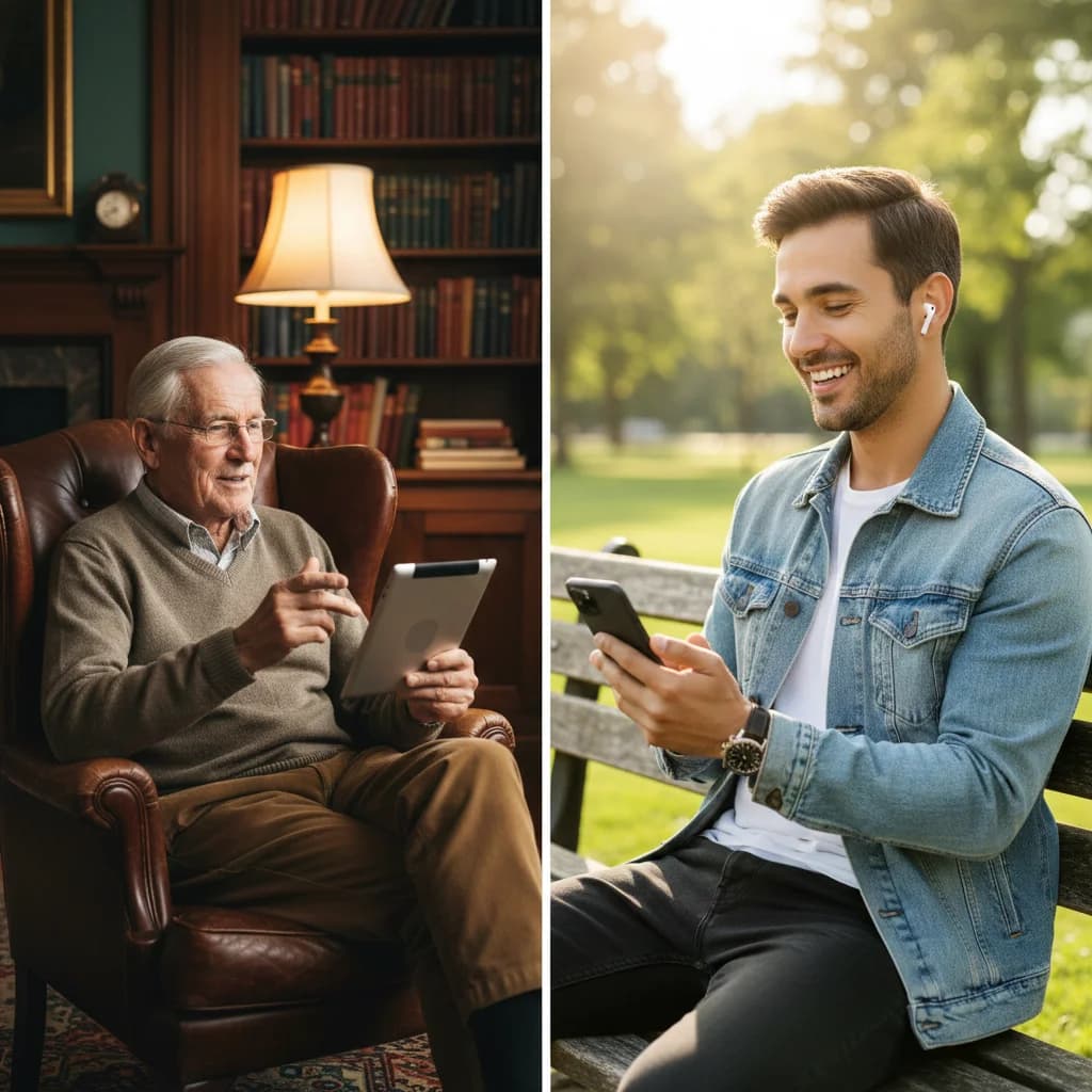 Young person with earbuds listening to grandparent's recorded story