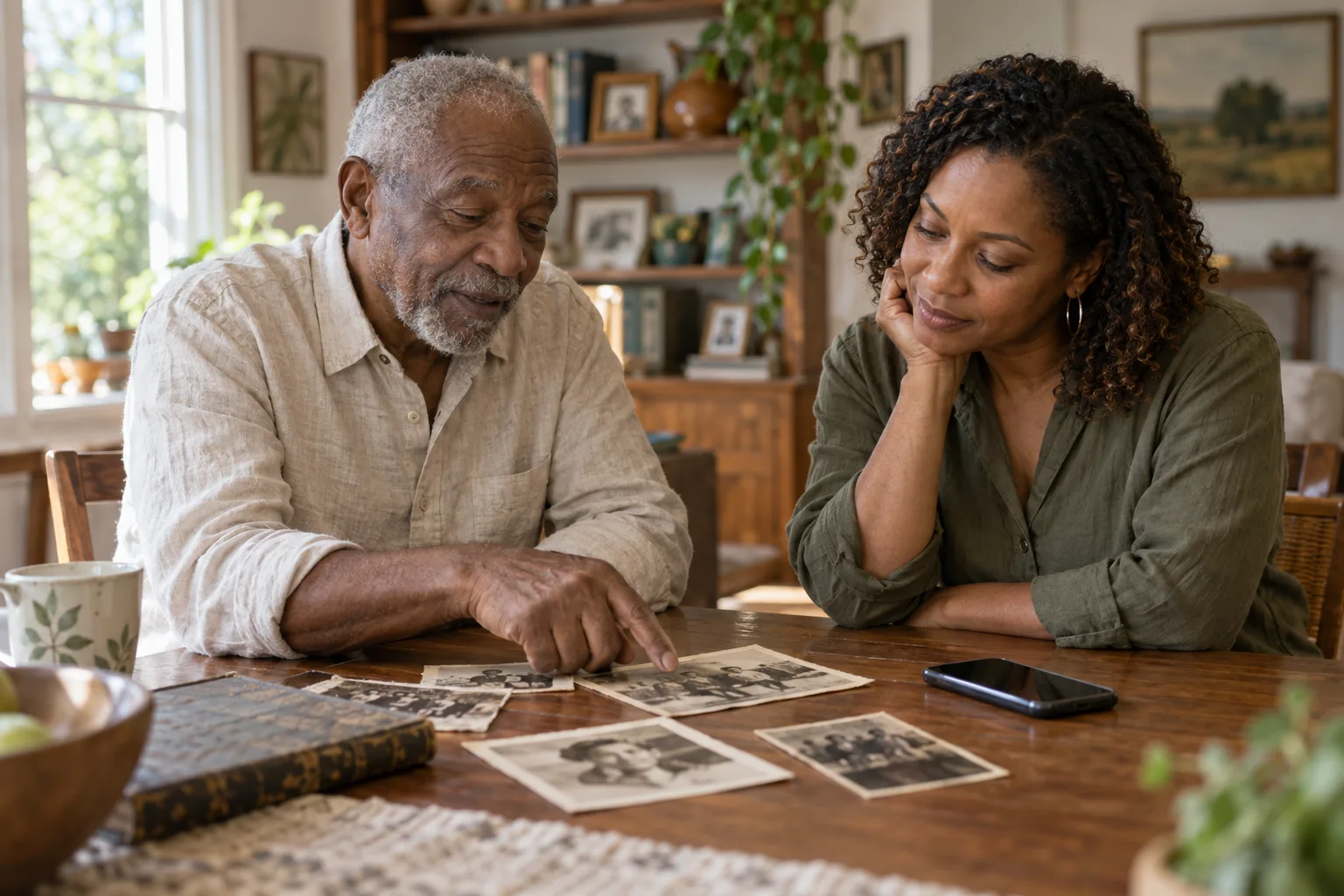 Illustrative scene of a father and adult daughter talking over family photographs