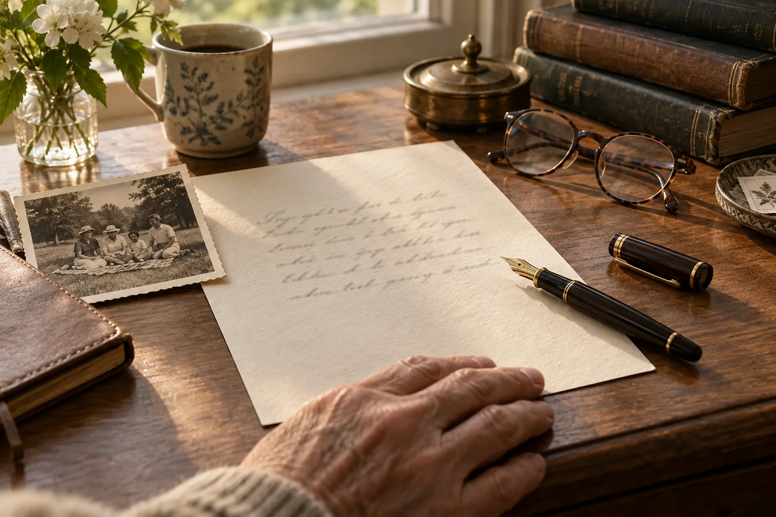 Illustrative still life of a handwritten letter, family photograph and reading glasses on a wooden desk