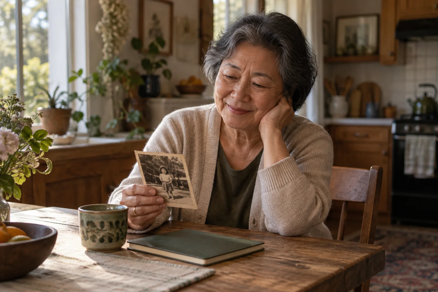 Illustrative scene of a woman remembering her childhood with a photograph at her kitchen table