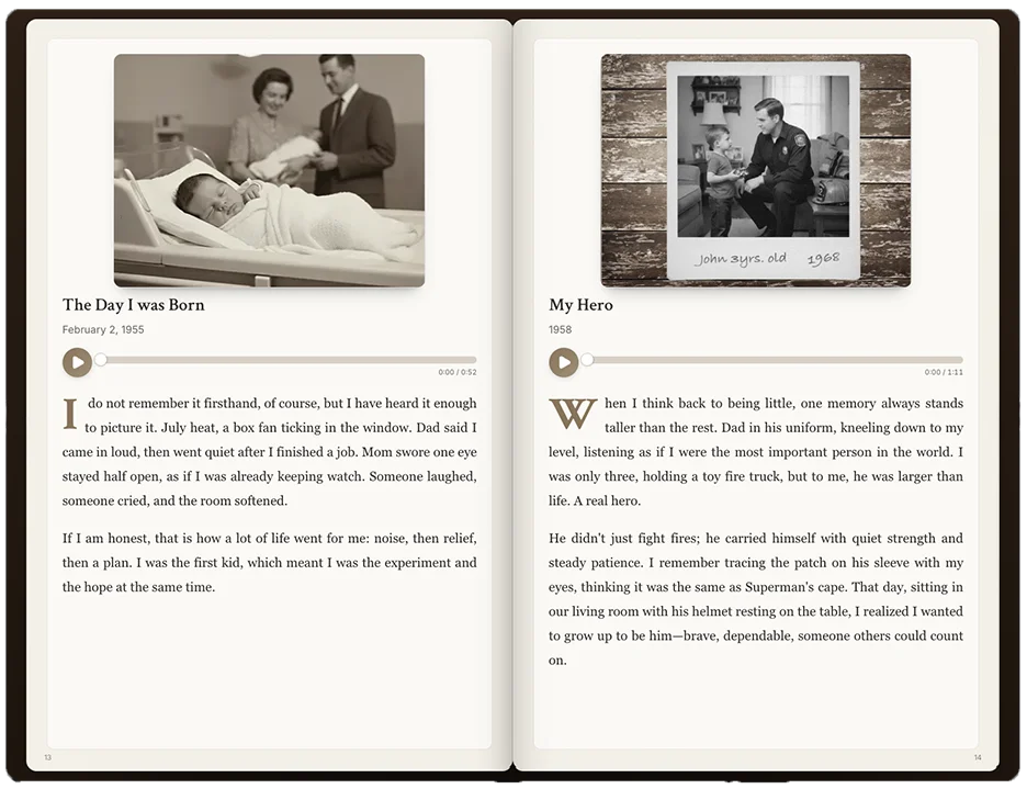 HeritageWhisper book view showing family stories