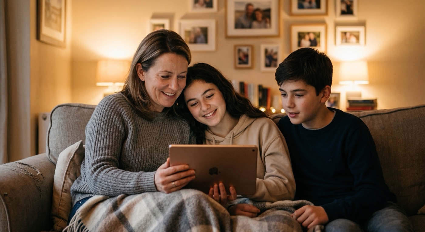 Family looking at stories together on a tablet