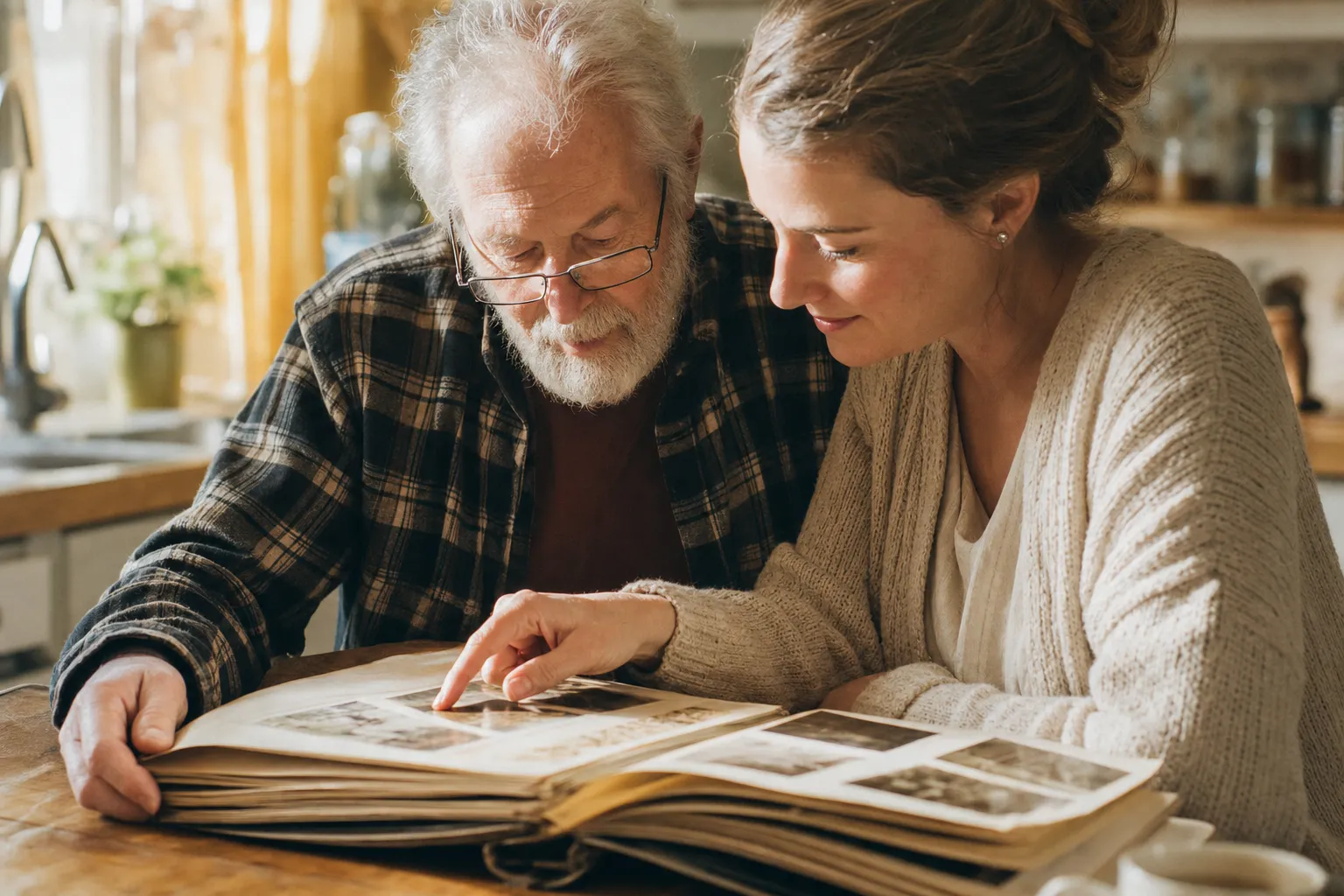 A senior father and his adult daughter looking through an old photo album together