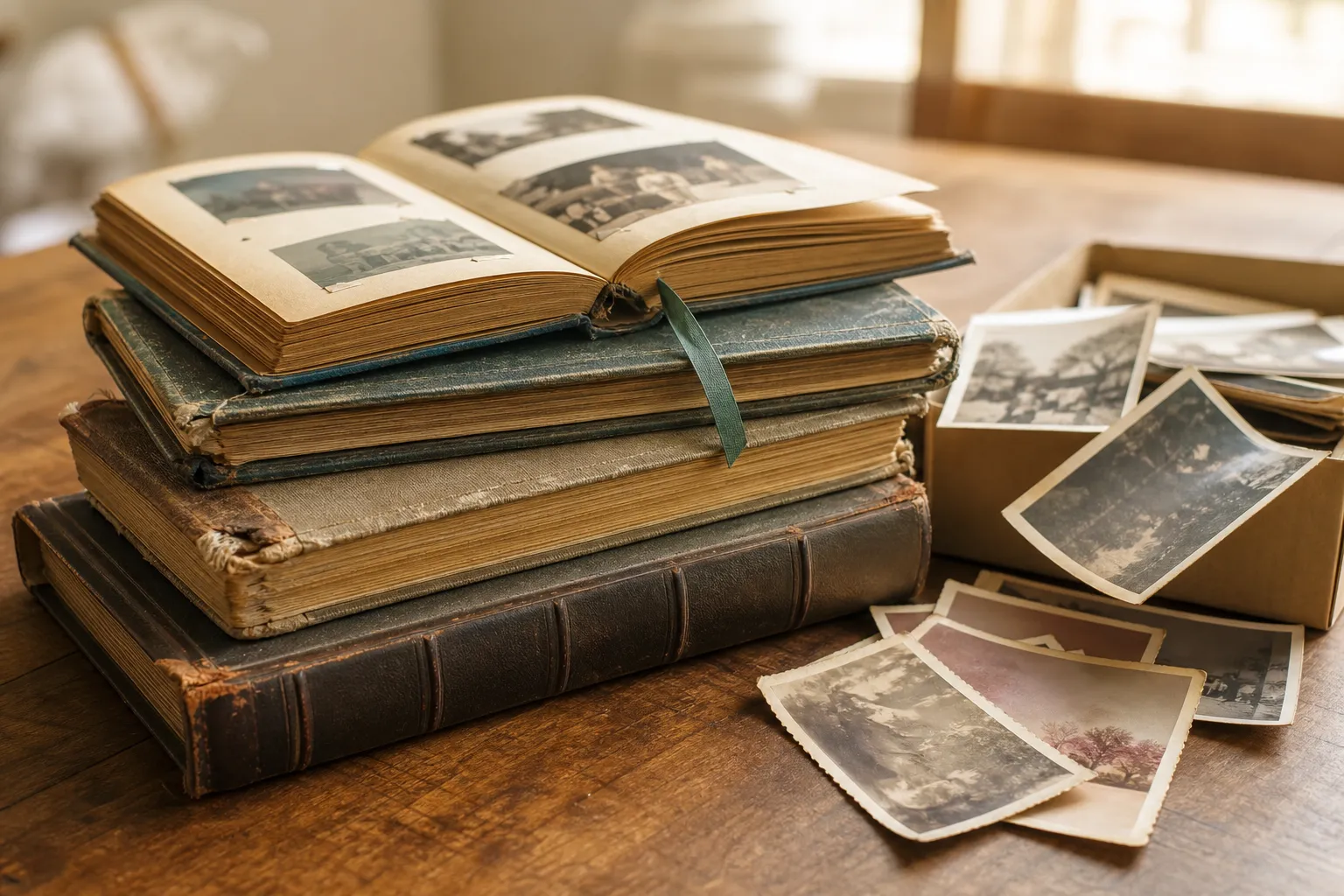 A stack of worn family photo albums beside a shoebox of loose old photographs