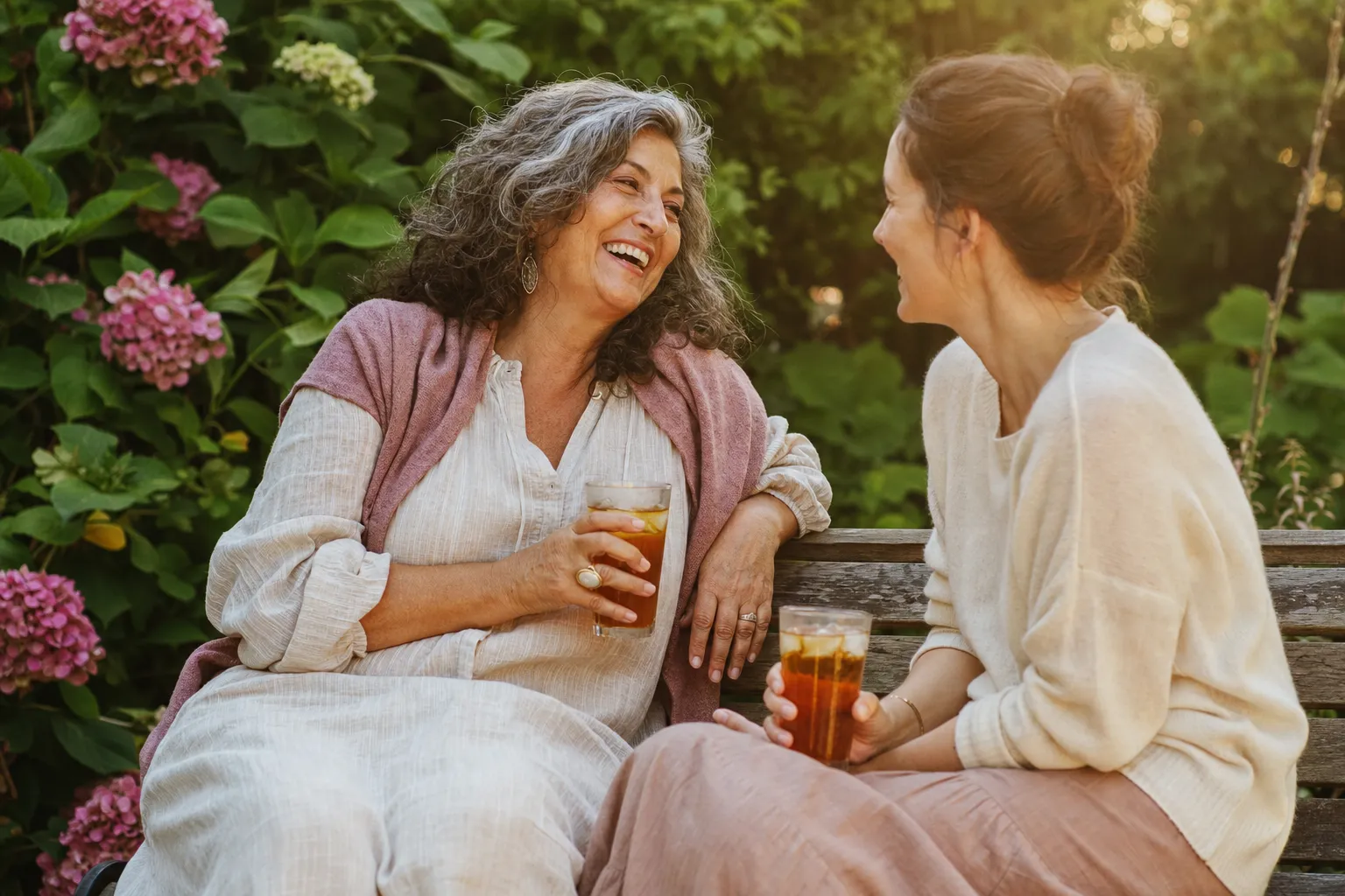 An aunt and her adult niece laughing together over iced tea on a garden bench