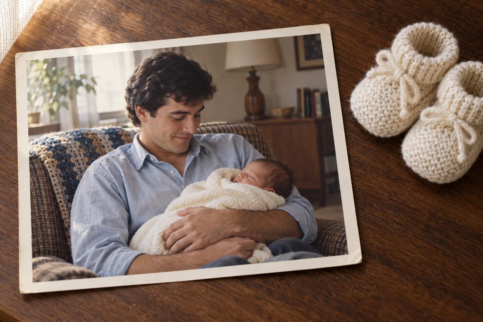 Illustrative vintage photograph of a new father cradling his baby, beside knitted booties