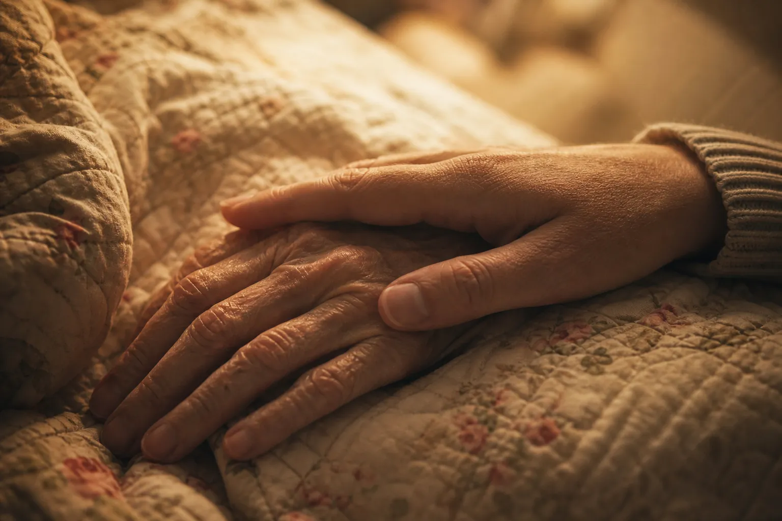 An adult child's hand resting gently over an elderly parent's hand on a quilt