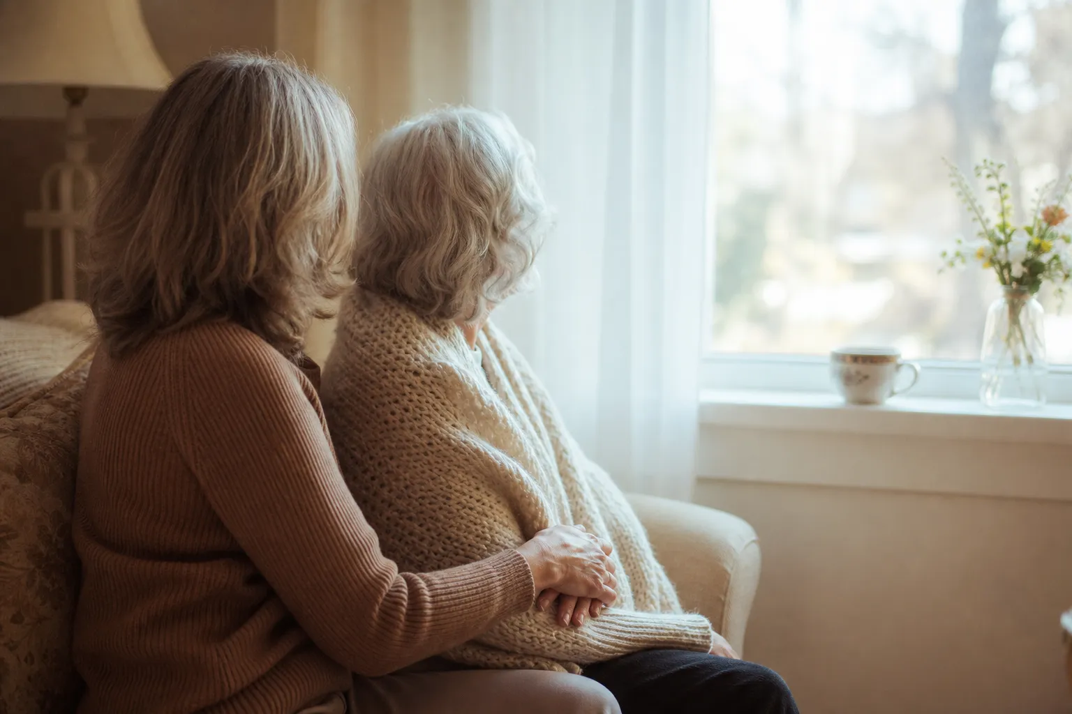 An adult daughter sitting close beside her elderly mother, holding hands by a bright window