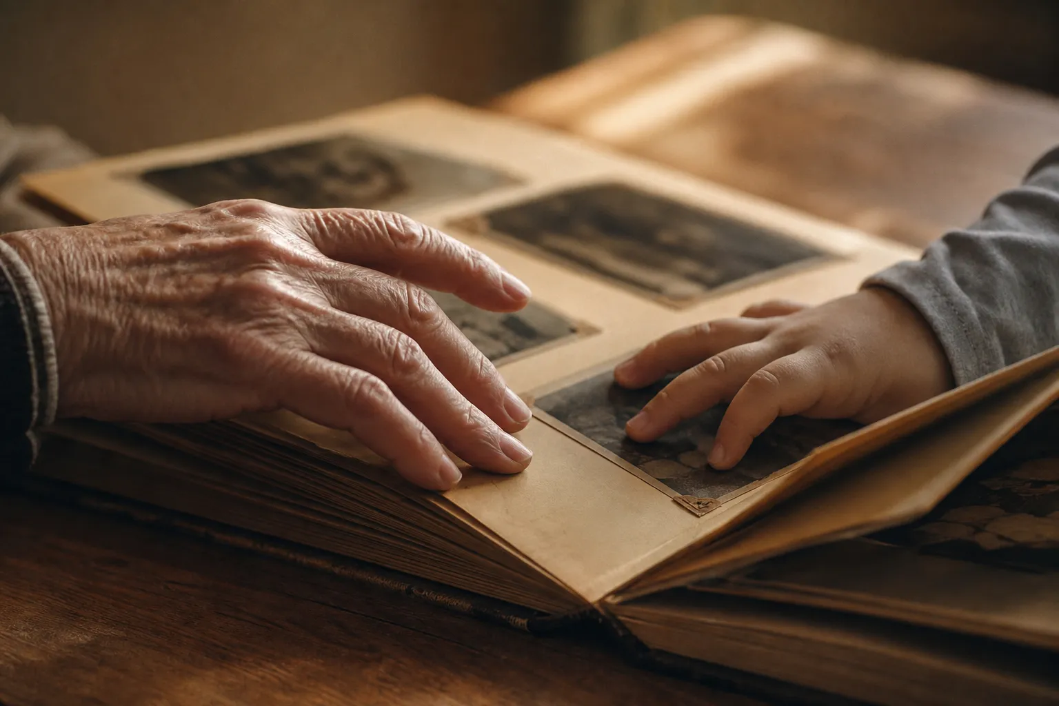 A grandparent's hand and a child's hand touching the same page of a family photo album