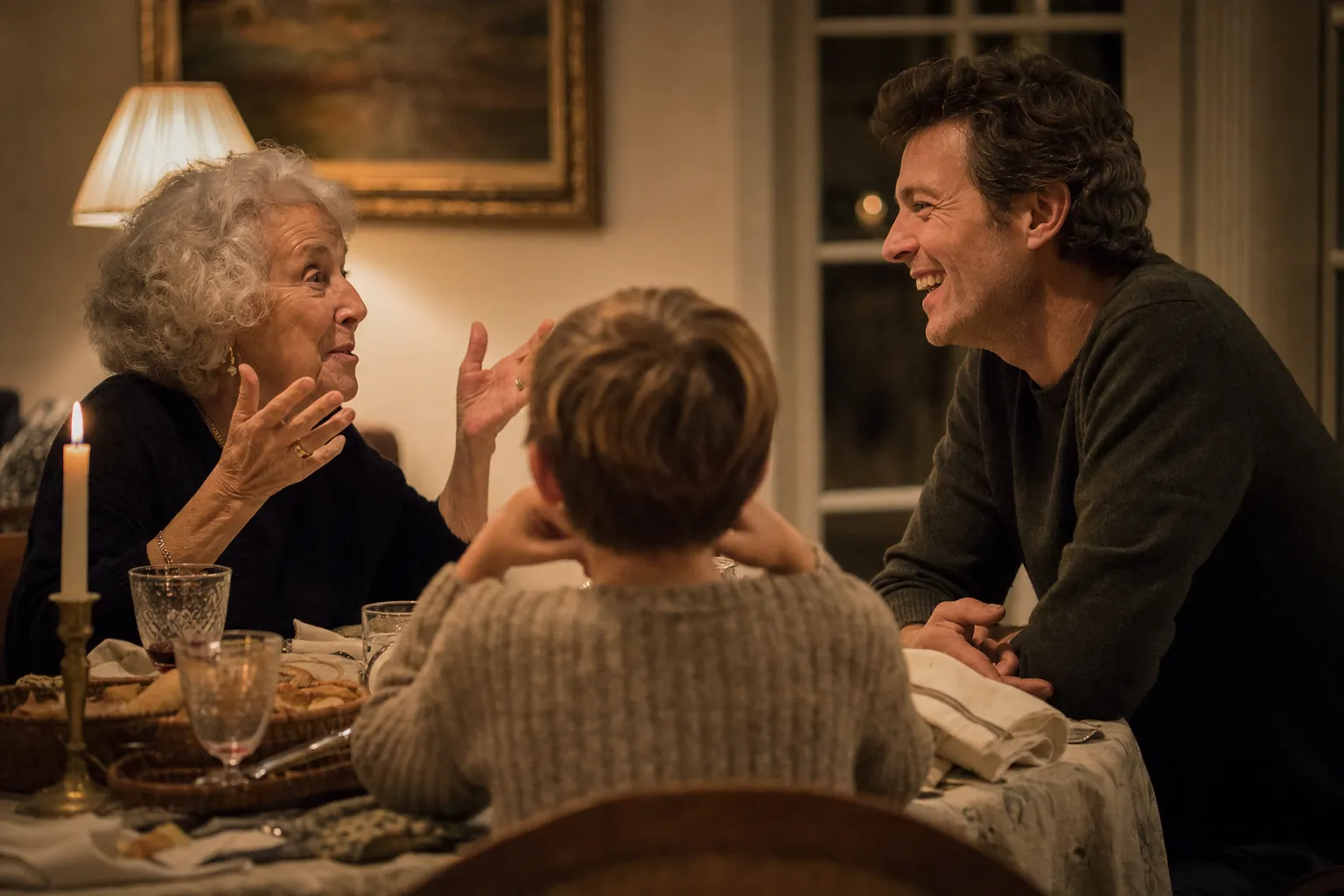 Three generations of a family sharing stories around the dinner table in the evening