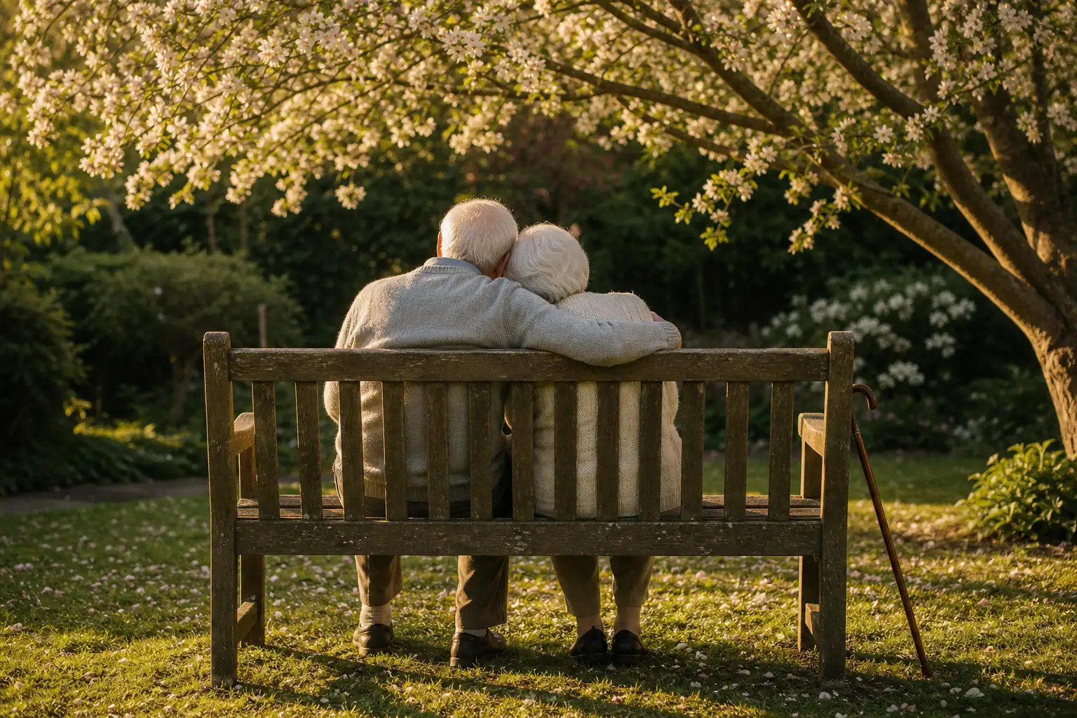 An elderly couple sitting close together on a garden bench beneath a flowering tree