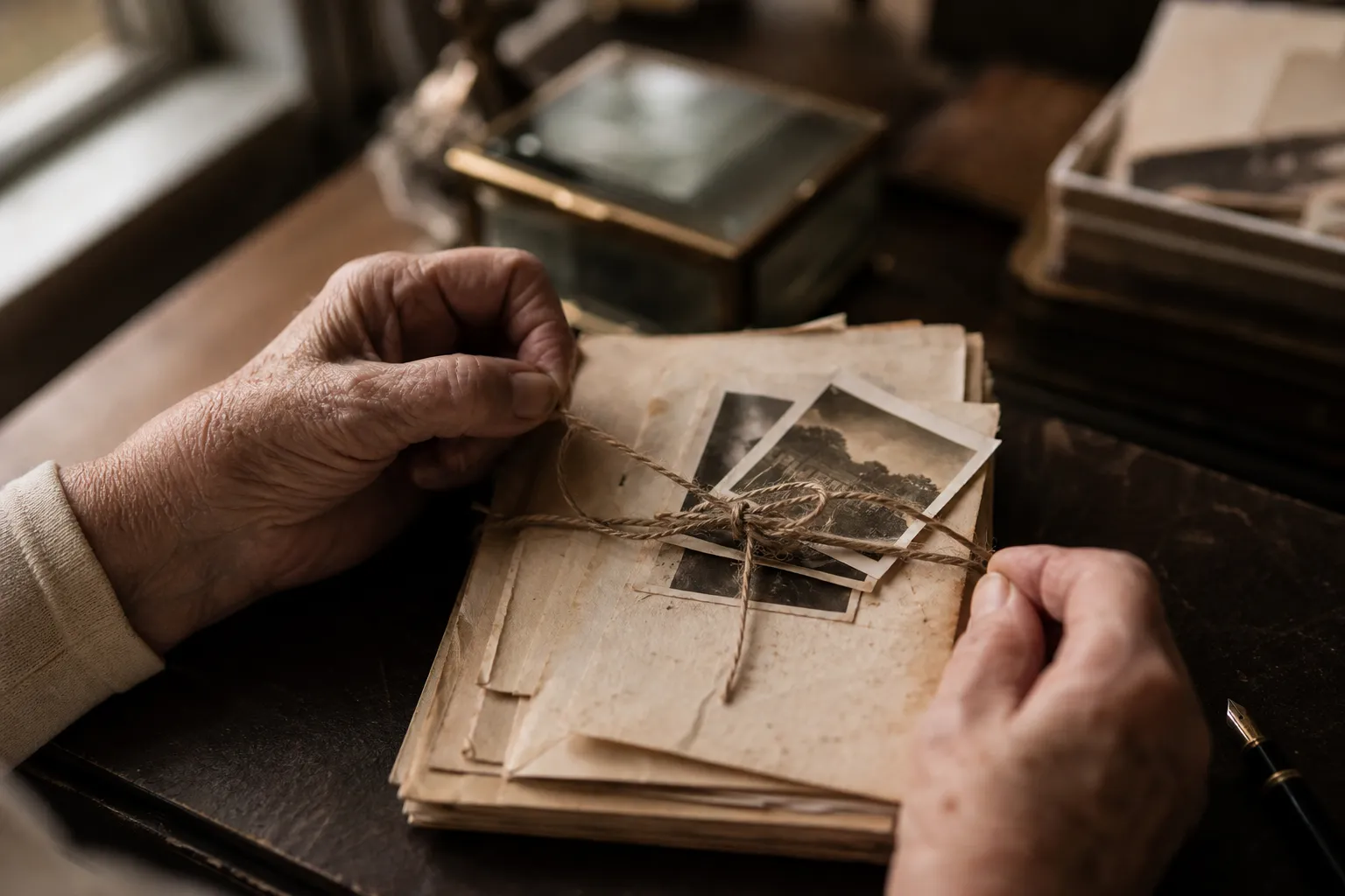An elderly person's hands untying a bundle of old letters and photographs