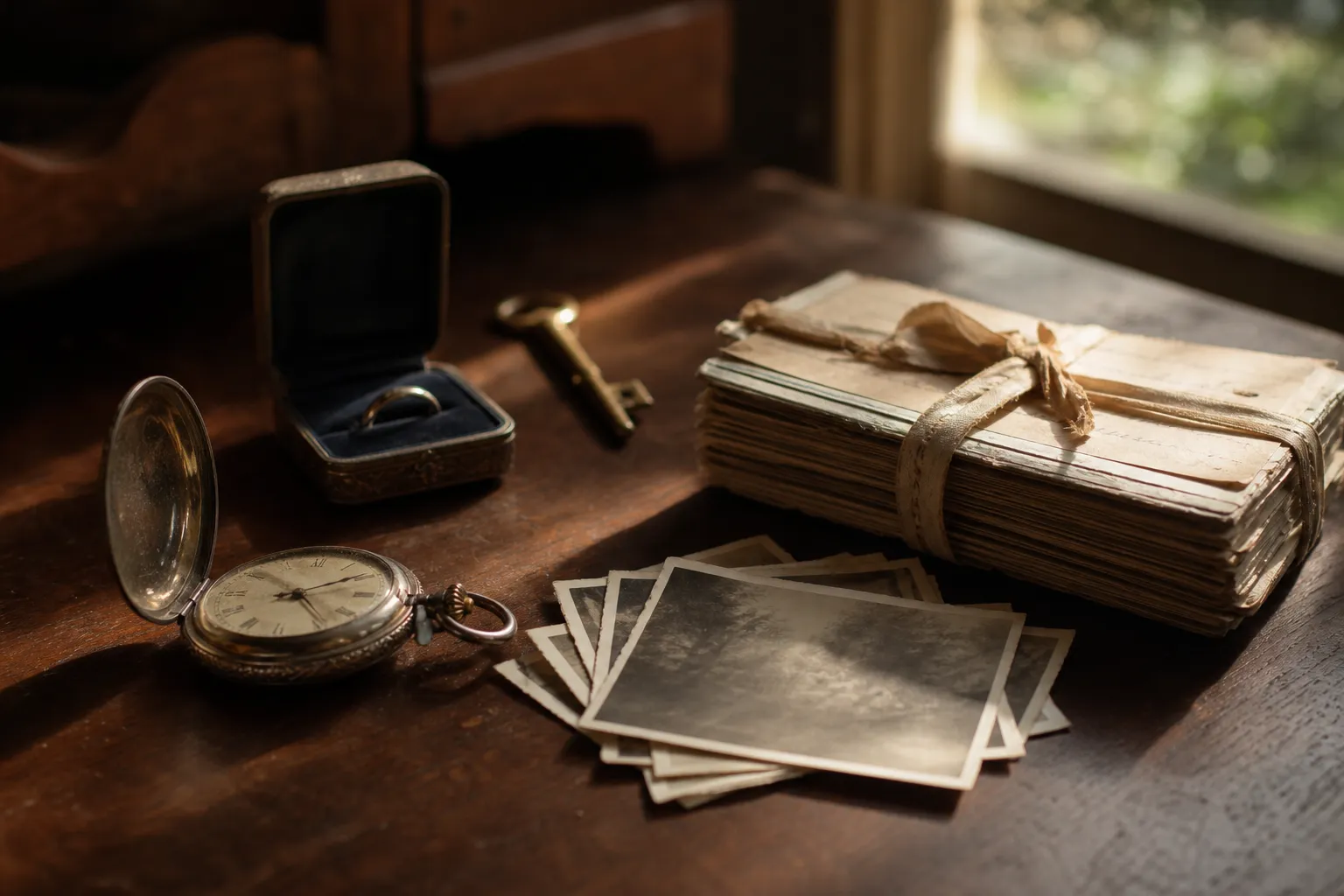 Family heirlooms including a pocket watch, old photographs, and letters arranged on a wooden table