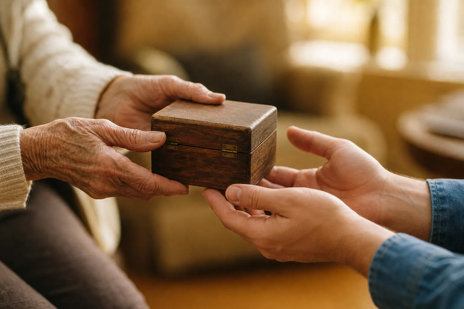 A grandmother's hands passing a small wooden keepsake box to her grandchild's hands