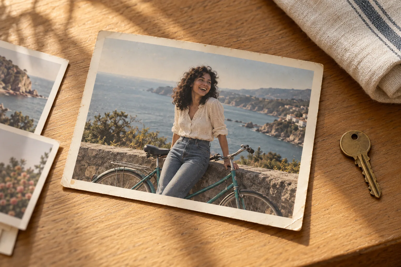 Illustrative vintage photograph of a young woman beside her bicycle at a seaside overlook