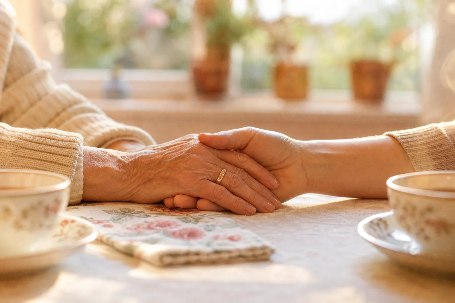 An adult child gently holding an elderly parent's hand across a kitchen table