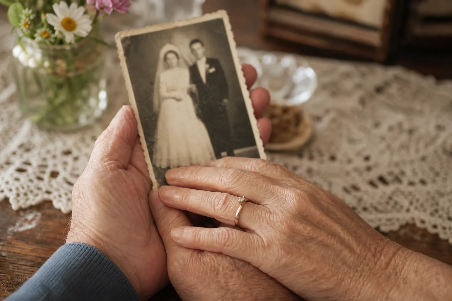 An elderly couple's hands holding a black-and-white wedding photograph
