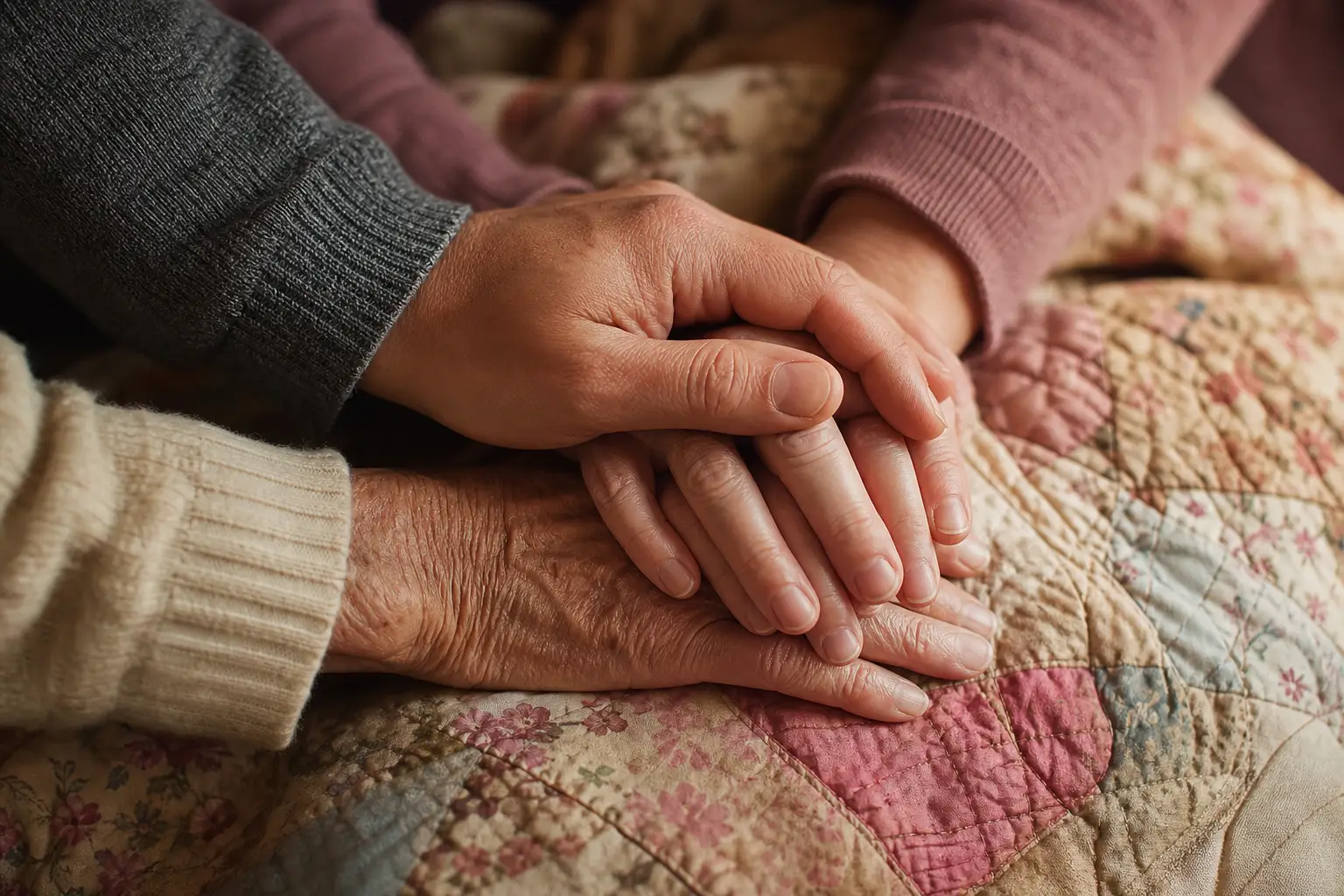 Three generations of hands gently layered together on a patchwork quilt