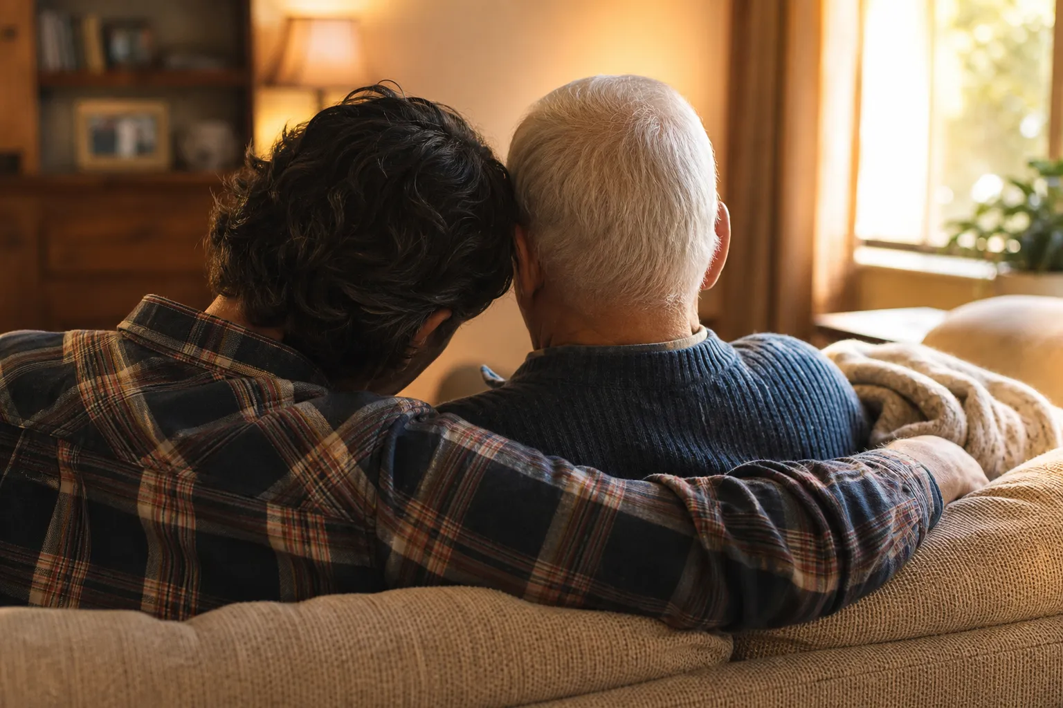 An adult son leaning his head toward his elderly father's shoulder on a sofa