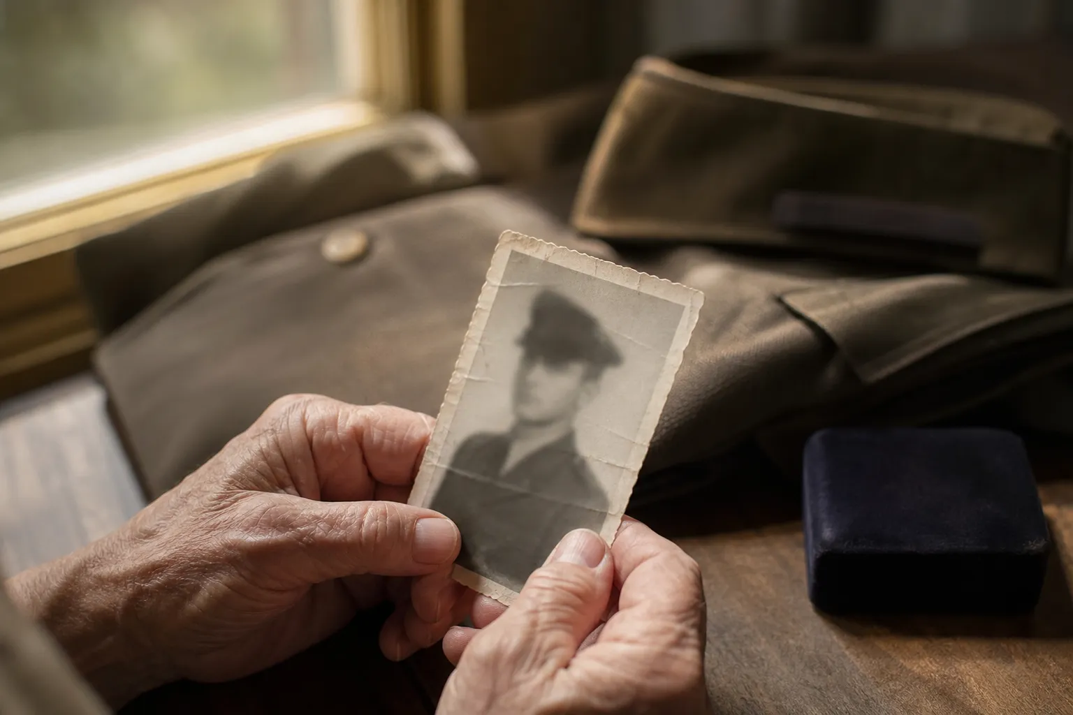 An elderly veteran's hands holding a black-and-white military service portrait